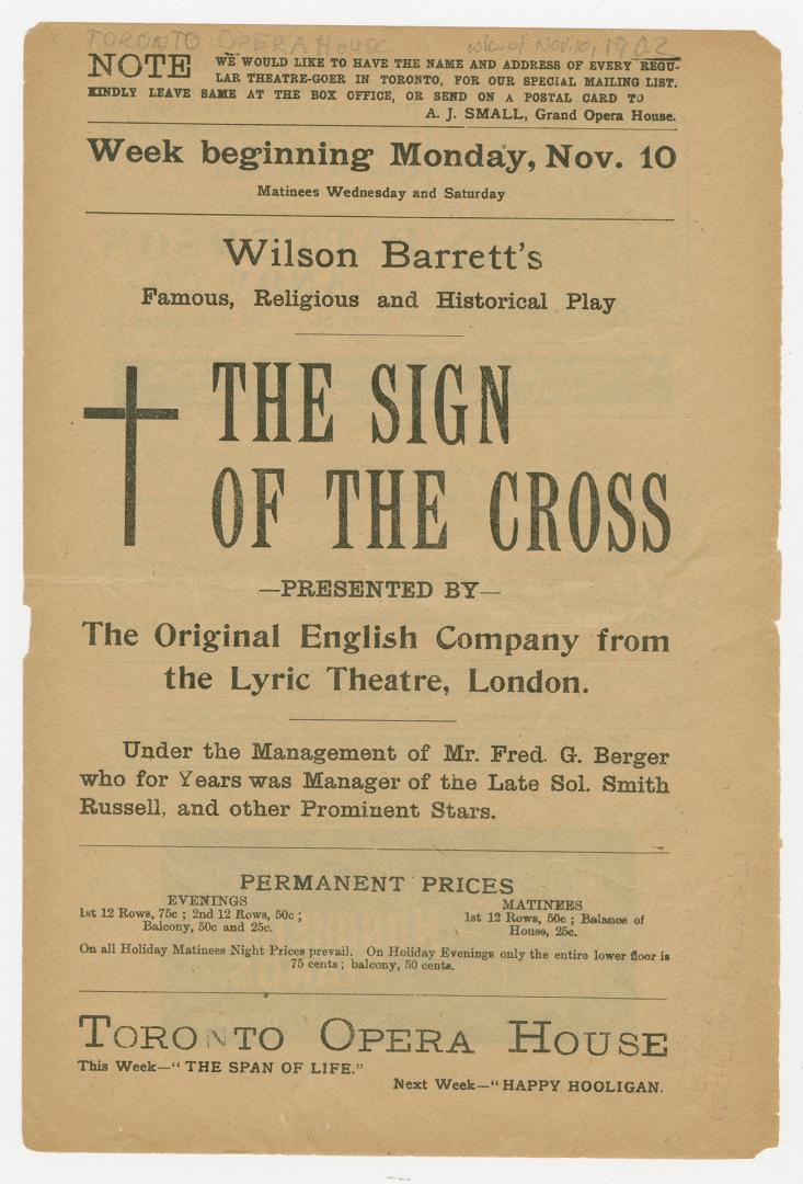 Toronto Opera House program for "The sign of the cross" by Wilson Barrett, opening November 10, ...