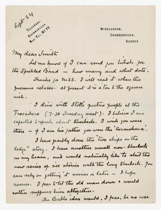 Manuscript letter in Arthur Conan Doyle's handwriting. 