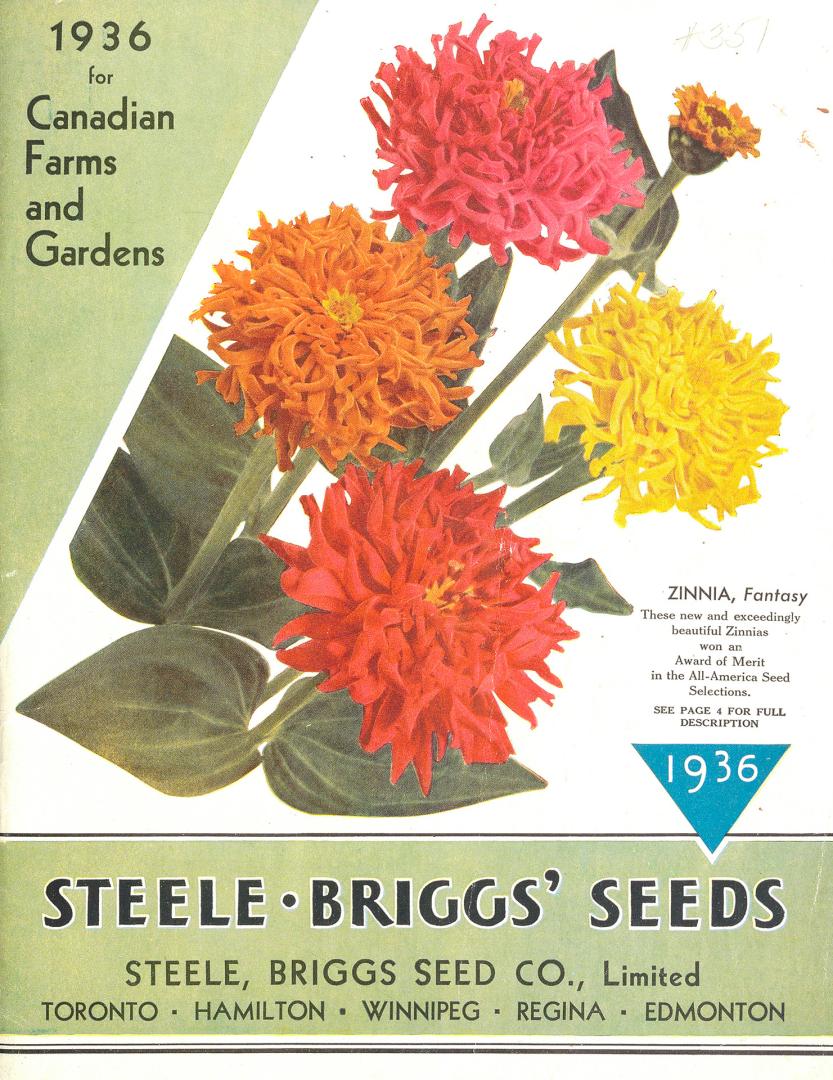Illustration of flowers (Zinnias) in middle of cover; text in varied font type upper left corne ...