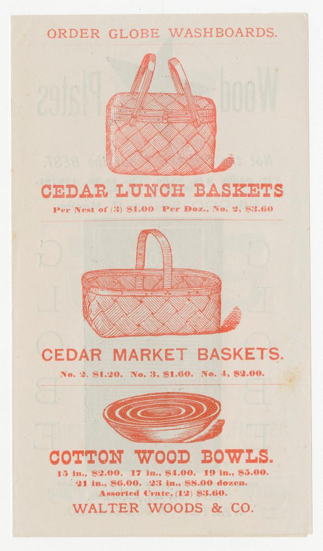 Images of wood lattice picnic and market baskets, and wooden nesting bowls