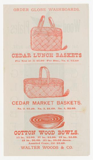 Images of wood lattice picnic and market baskets, and wooden nesting bowls