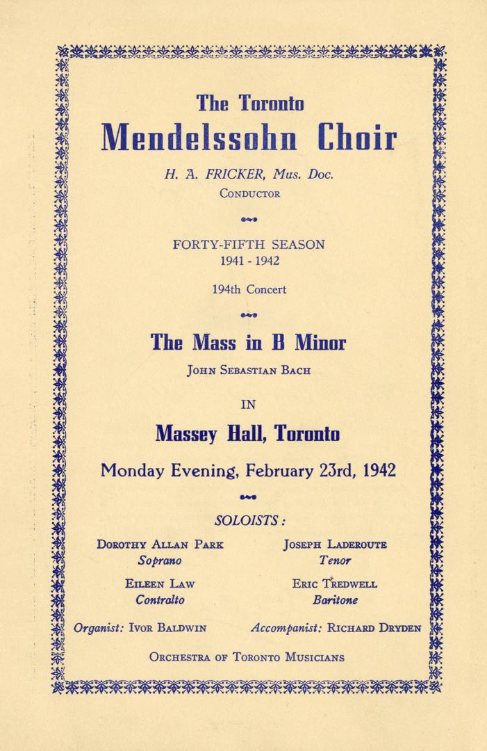 Toronto Mendelssohn Choir. Program. 1942 February 23