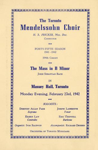 Toronto Mendelssohn Choir. Program. 1942 February 23