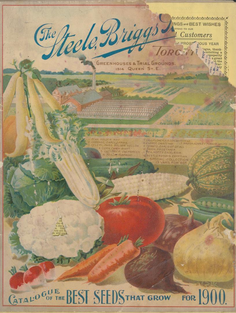 Cover has illustration of vegetables in foreground with scene of farm and farm buildings surrou ...