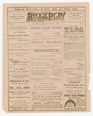 Grand Opera House program for "Monsieur" by Richard Mansfield staged November 4, 1887, and "Dr. ...