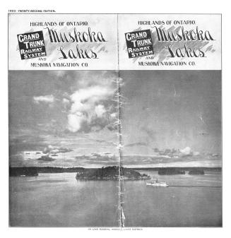 Facsimile photograph of a boat on the lake, small islands and large expanse of sky. Text in var ...
