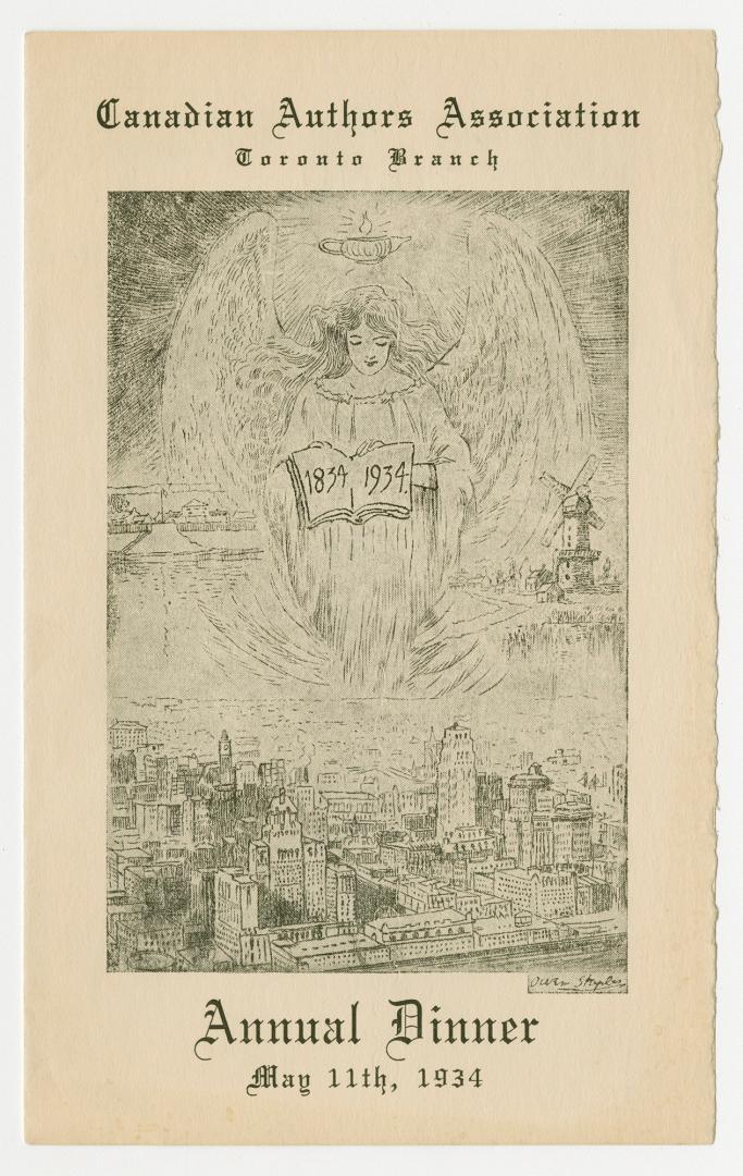 Sketch of downtown Toronto buildings with an angel hovering above. The angel is holding an open ...