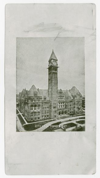 Black and white photograph of a large Richardsonian Romanesque building with a central clock to ...