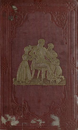 Book cover; red with gold illustration of three children surrounding a man sitting on a chair