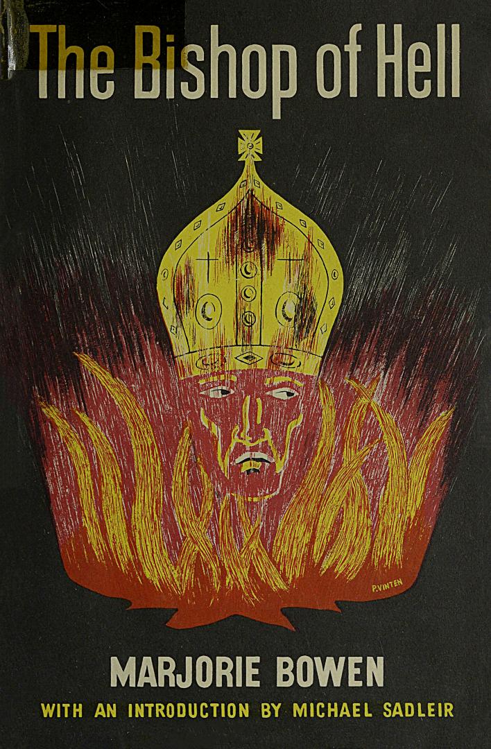 The face and mitre of a bishop surrounded by red flames.