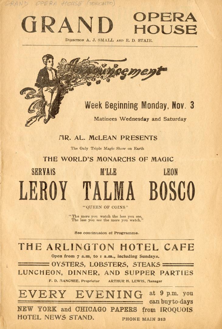 Grand Opera House (Toronto, Ont.). Program. 1902 November 3