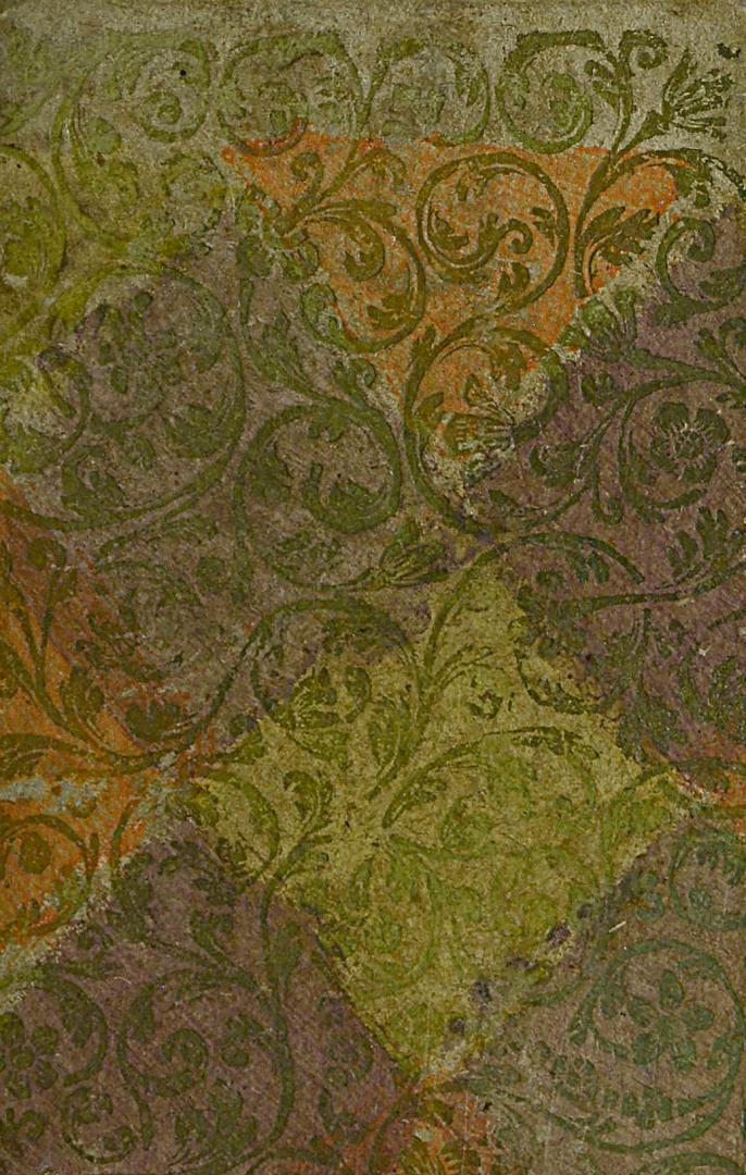 Book cover: Dutch gilt paper: brown paper printed with alternating diamonds of green, orange an ...