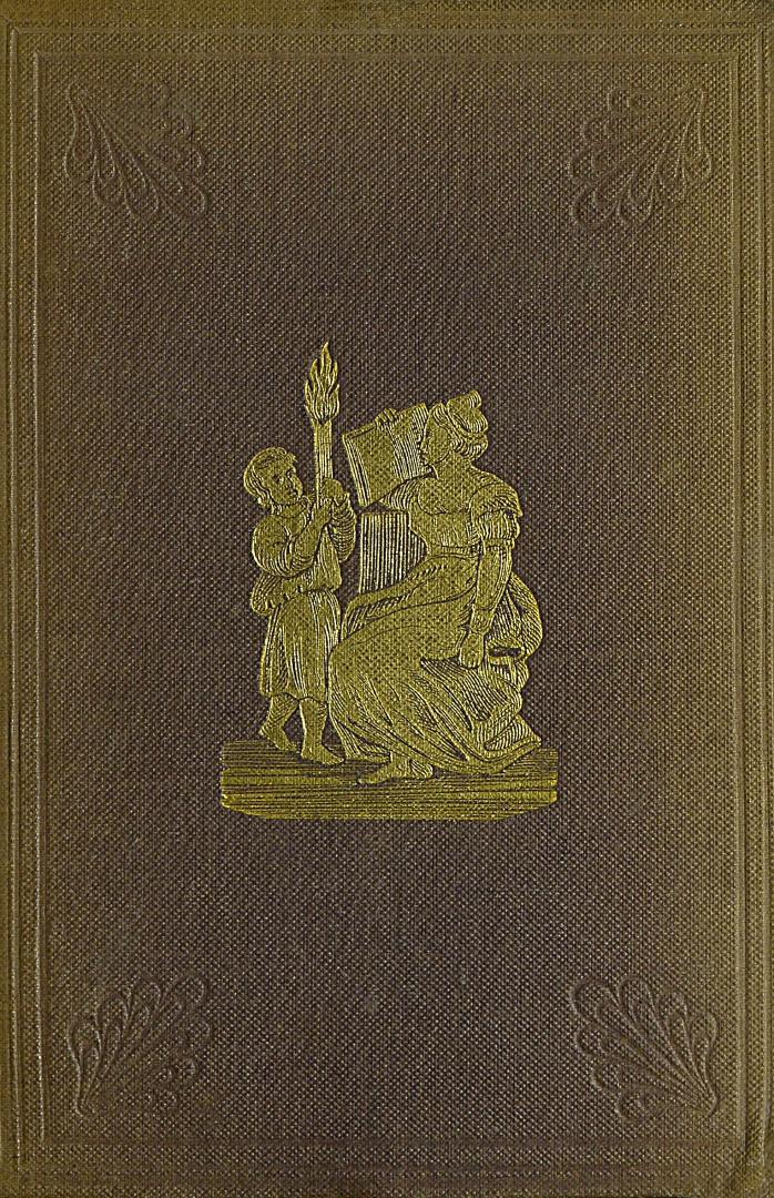 Brown cloth book cover with gold-stamped image of woman with book and child with torch.