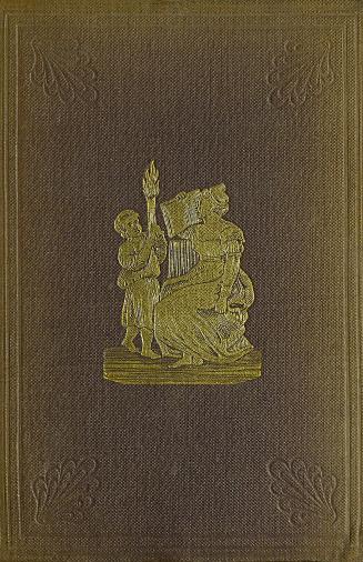 Brown cloth book cover with gold-stamped image of woman with book and child with torch.