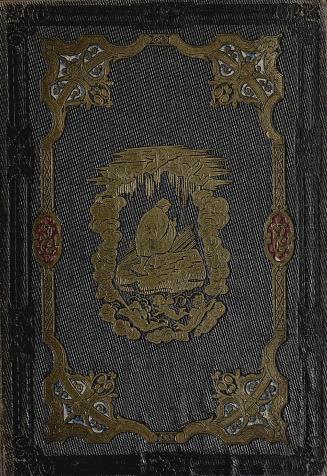Book cover: gold decorative illustrations and illustration of man climbing hill surrounded by c ...