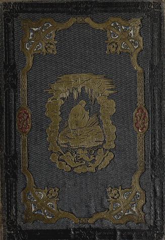 Book cover: gold decorative illustrations and illustration of man climbing hill surrounded by c ...