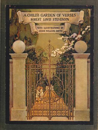Book cover with illustration of garden gates and two children standing behind the gates