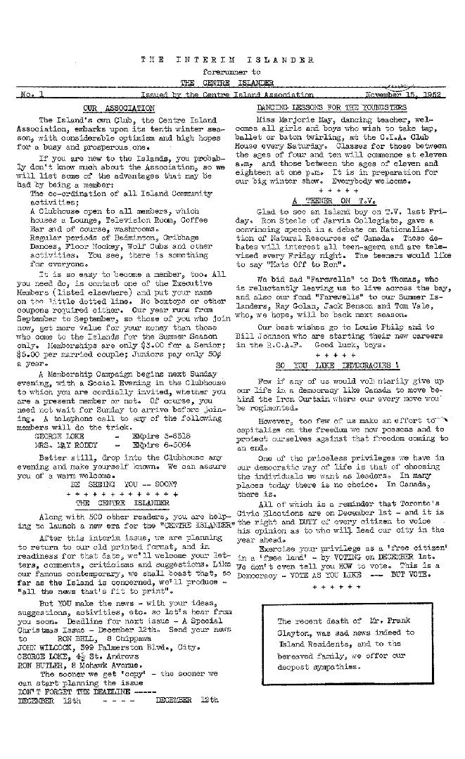 The Interim Islander forerunner to The Centre Islander, November 15, 1952