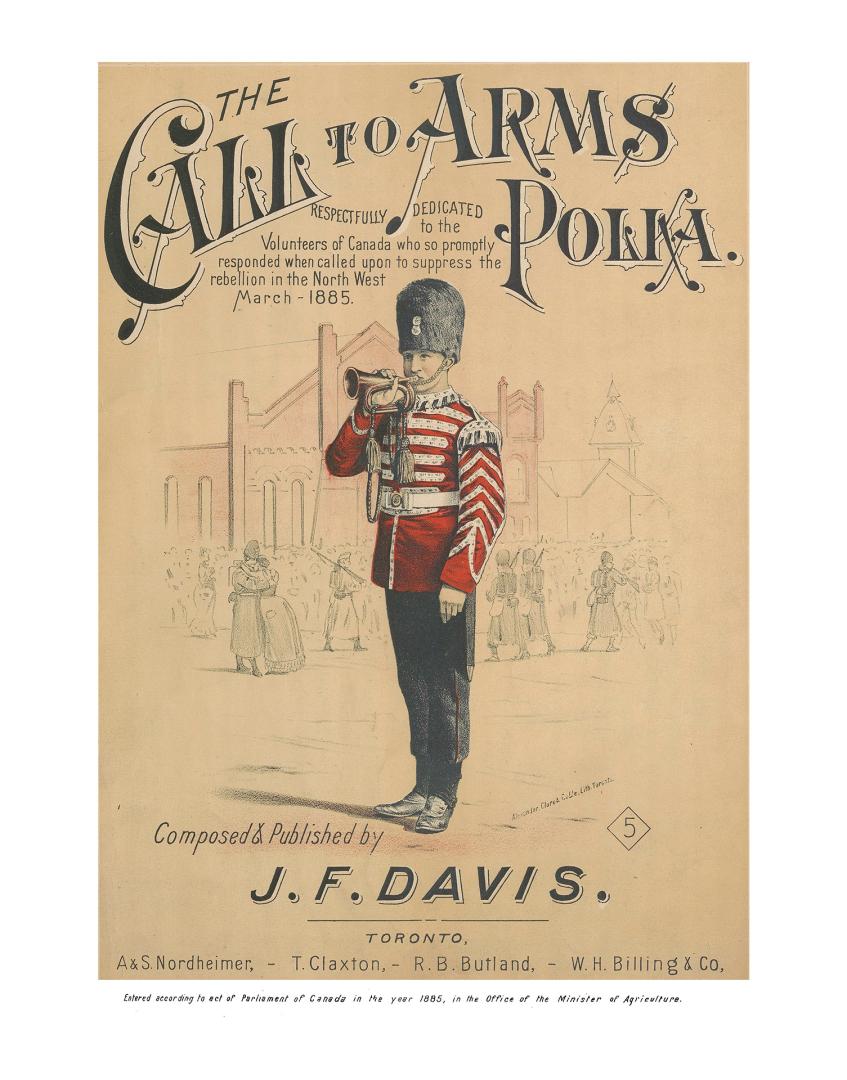 Cover features: title and composition information above a drawing of a bugler in red coat with  ...
