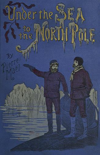 Blue book cover with an illustration of two men in cold-weather gear. They stand on the sea sho ...