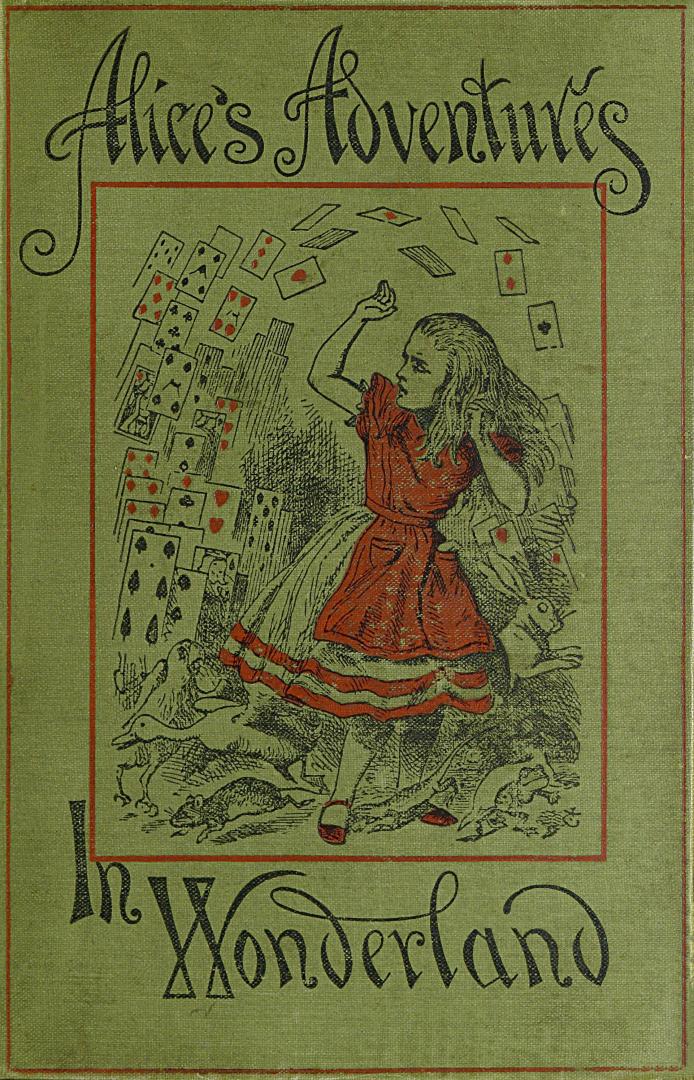 Green cover with title in black. Inside a large red frame is a drawing of Alice fending off a b ...