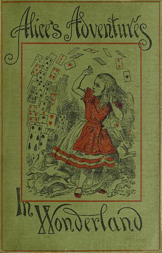 Green cover with title in black. Inside a large red frame is a drawing of Alice fending off a b ...