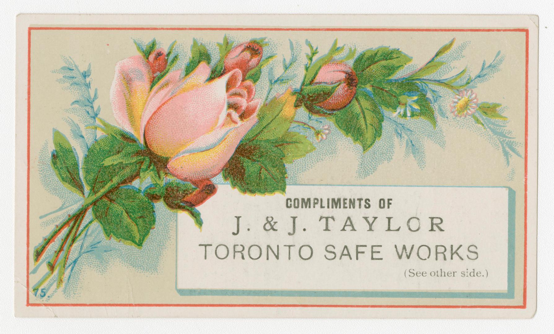 Colour trade card advertisement depicting an illustration of pink tulips with caption, "Complim ...