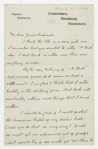 Manuscript letter in Arthur Conan Doyle's handwriting. 
