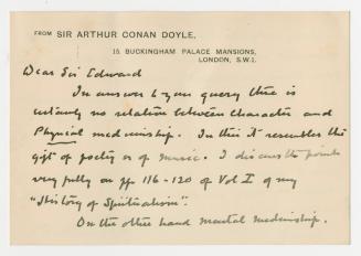 Letter on notecard in Arthur Conan Doyle's handwriting. 