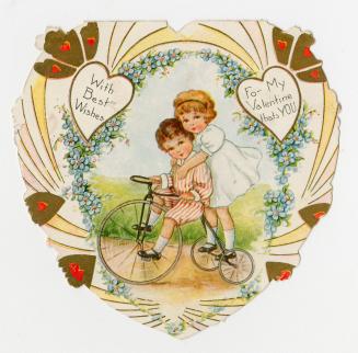 A boy and girl ride down a path on a single tricycle. Behind them is a green field and blue sky ...