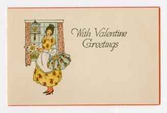 A lady holding a purse and a card stands in front of a window. Behind her is a yellow bird in a ...