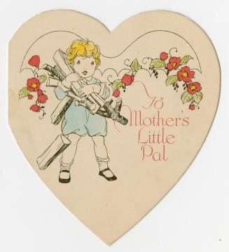 A heart-shaped card. On the front is a child dressed in blue carrying firewood. Pink flowers de ...