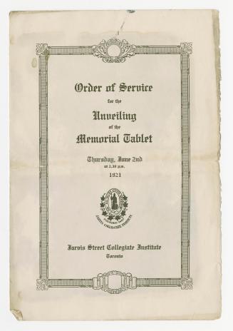 Order of service for the unveiling of the memorial tablet