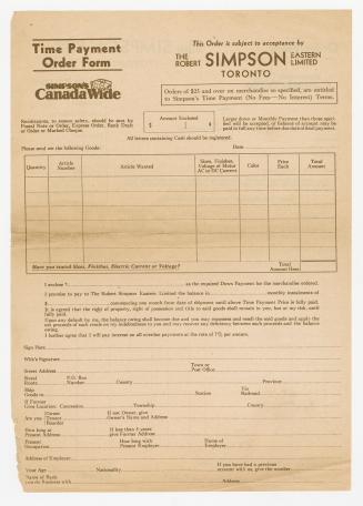 Order form Robert Simpson Eastern Limited Toronto