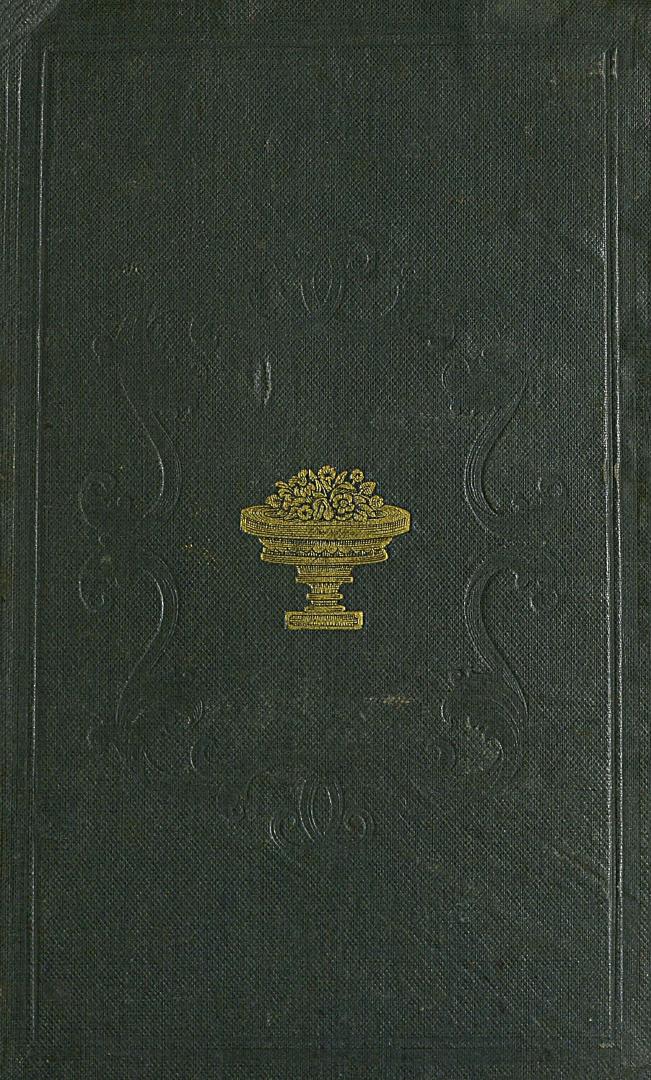 Book cover: dark green cloth stamped in gold with decorative urn full of flowers.