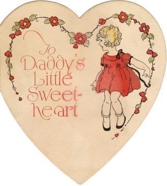 A heart-shaped card. On the front is a girl in a pink dress framed by pink flowers. Inside is a ...