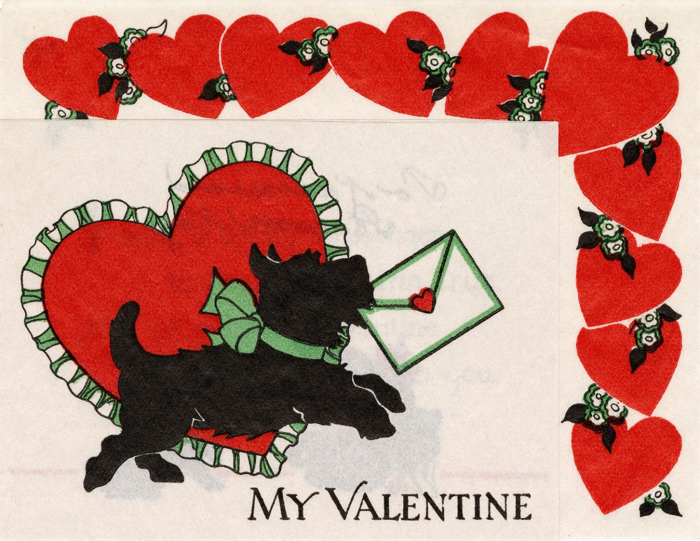 The front of the card depicts a black dog wearing a green bow and carrying a valentine envelope ...