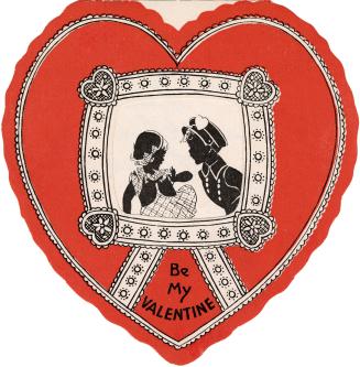 A red, heart-shaped card with a black and white pattern and a hole cut out of the centre to rev ...