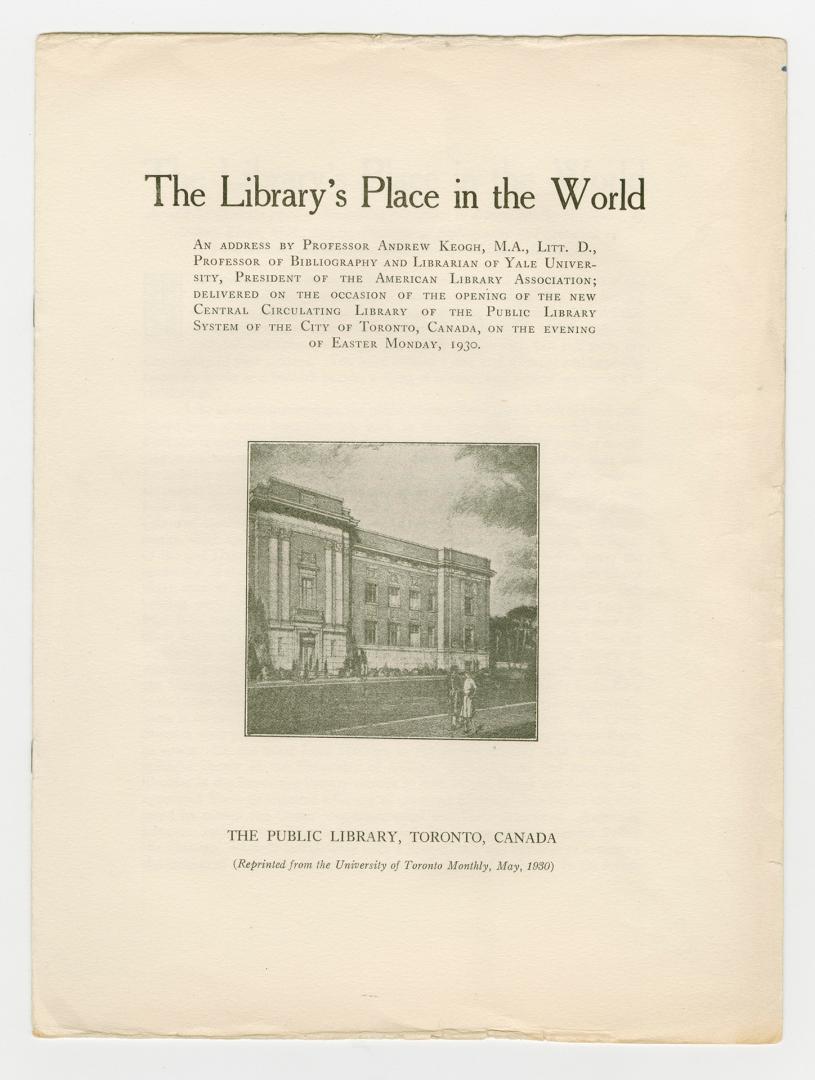 Address given on opening of library with black and white drawing of the library on front cover. ...