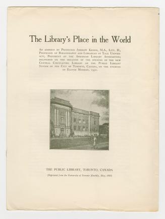 Address given on opening of library with black and white drawing of the library on front cover. ...
