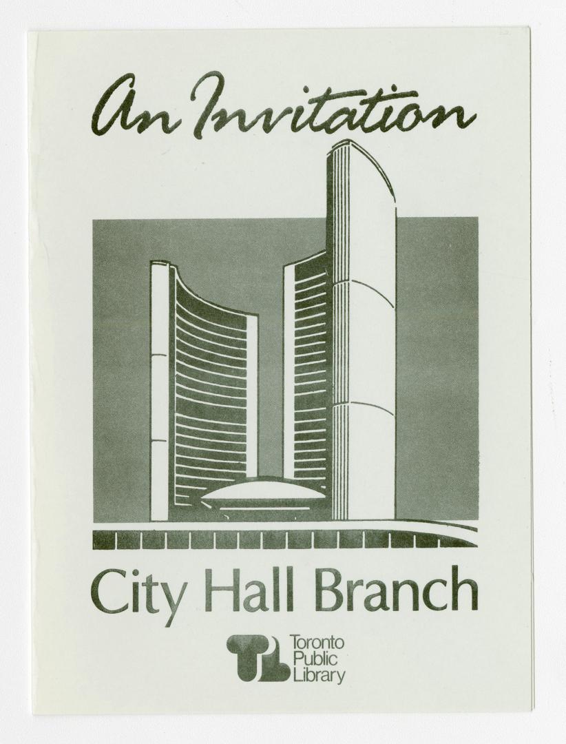 Invitation to library opening with drawing of City Hall. 