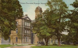 Colorized photograph of a large, three story, white stone, Victorian building with a cupola tow ...