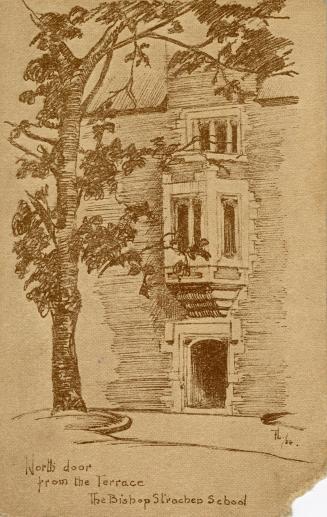 Pencil drawing of a door under an oriel window on a large, limestone building.