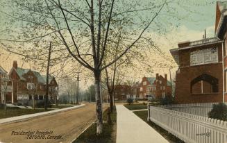 Colour postcard depicting a street and sidewalk in Rosedale, with several large homes in view.  ...