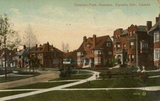 Colour postcard depicting a street and sidewalk in Rosedale, with several large homes and their ...