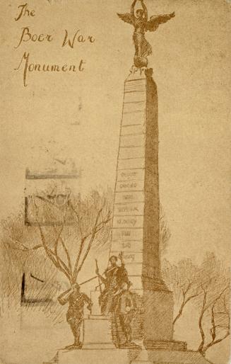 Drawing of large monument with angel on top. 