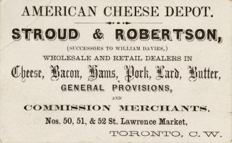 White business card for Stroud & Robertson's American Cheese Depot. Black text on white card.