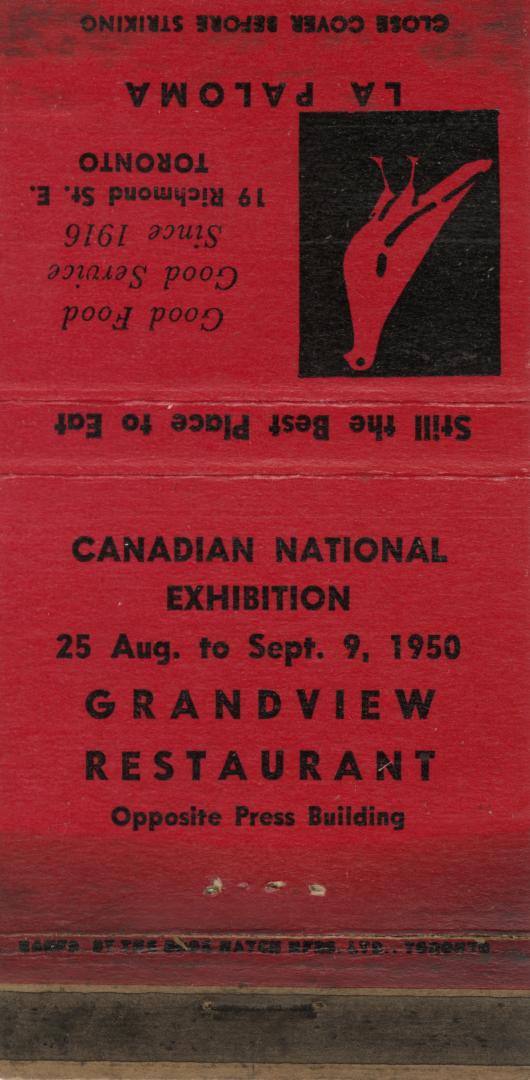A red matchbook cover for the Grandview Restaurant at the Canadian National Exhibition. Black t ...