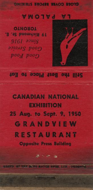 A red matchbook cover for the Grandview Restaurant at the Canadian National Exhibition. Black t ...