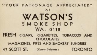 Business card for Watson's Smoke Shop. Black sans serif typeface on white card.